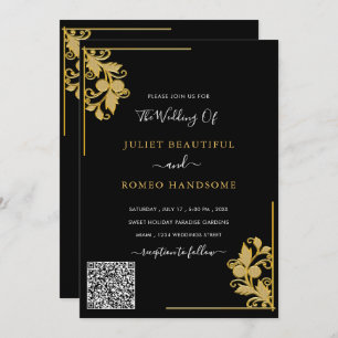 QR Code Info Floral Black Gold Weduwen Uitnodiging