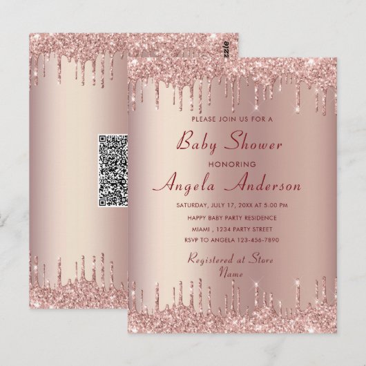 QR Code Info Roos Gold Baby shower Uitnodiging Kaa (Voorkant / Achterkant)