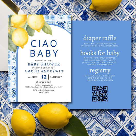 QR Code Italiaans Blauw Tegels Citroen Baby shower Kaart