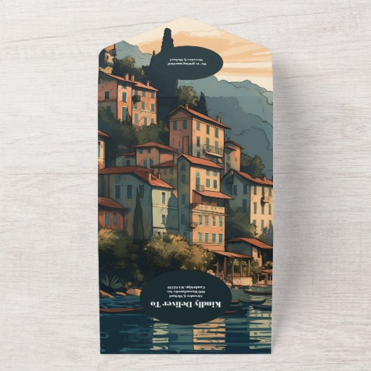 QR Code Italië Comomeer Bestemming Bruiloft All In One Uitnodiging (Buitenkant)