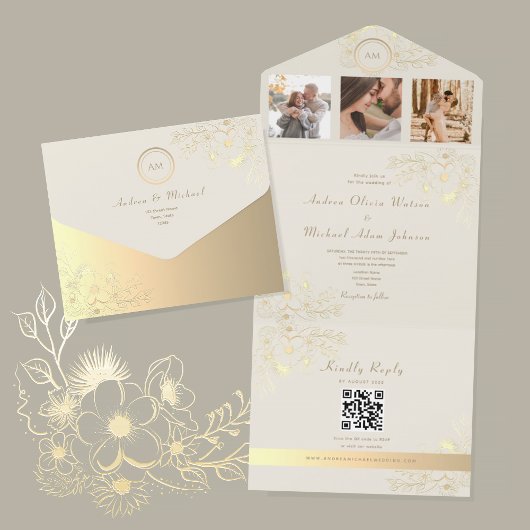 QR Code Ivoor Gouden Bloem Bruiloft All In One Uitnodiging