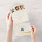 QR Code Ivoor Gouden Bloem Bruiloft All In One Uitnodiging (Afscheurbaar)