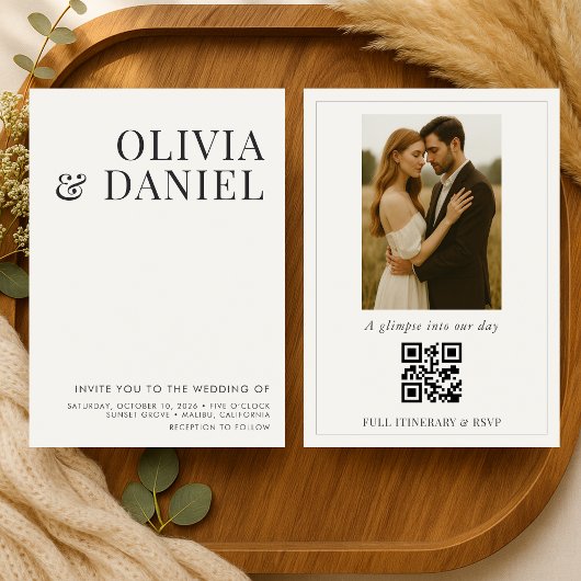 QR Code Ivory Beige Minimalist Photo Wedding Kaart