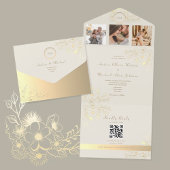 QR Code Ivory Gold Floral Wedding All In One Uitnodiging