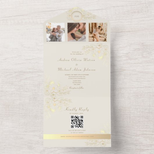 QR Code Ivory Gold Floral Wedding All In One Uitnodiging (Binnen)