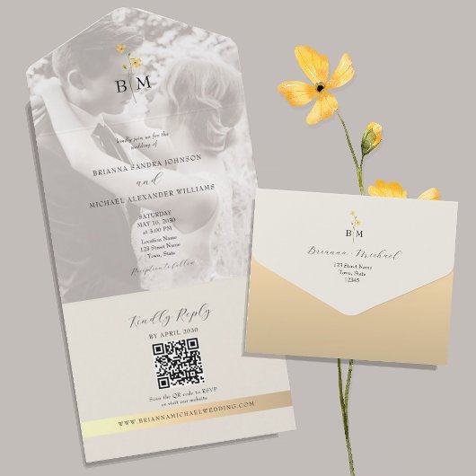 QR Code Ivory Gold Photo Wedding All In One Uitnodiging