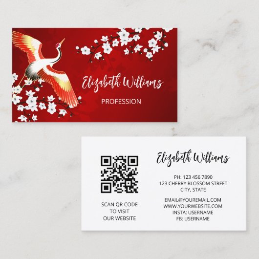 QR-code | Japanse kraan rood Visitekaartje (Voorkant / Achterkant)
