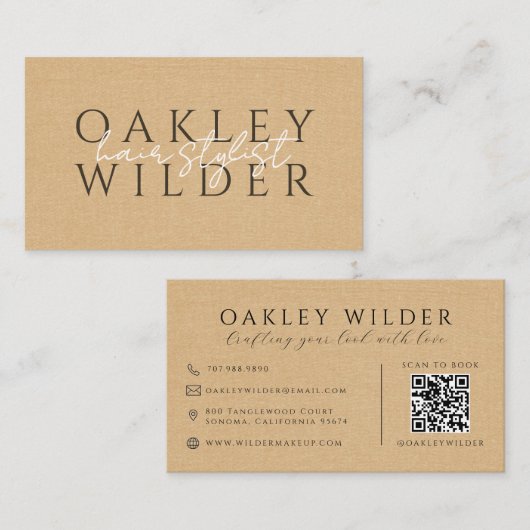 QR Code Kapper Beige Nep Linnen Visitekaartje (Voorkant / Achterkant)