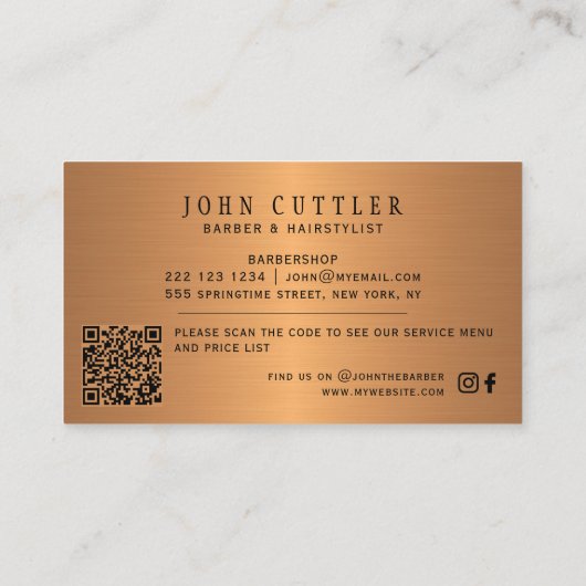 QR CODE kapperszaak zwart goud barber paal schaar Visitekaartje (Achterkant)
