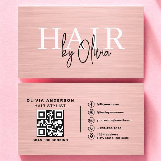 QR Code Kapsalon Roze Metal Typografie Visitekaartje
