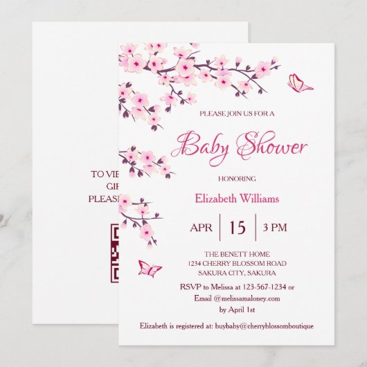 QR-code | Kersenbloesem | BABY SHOWER Kaart (Voorkant / Achterkant)