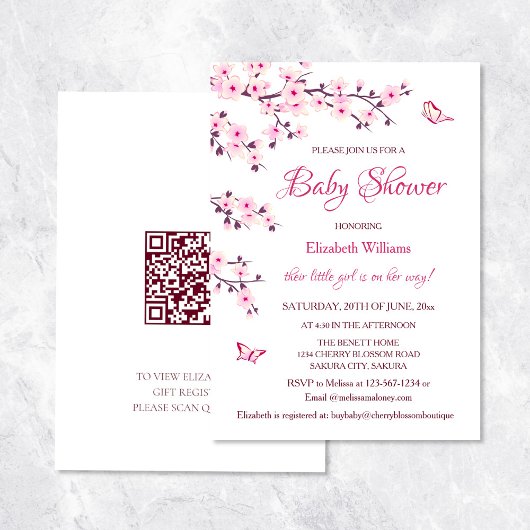 QR-code | Kersenbloesem | Meisje Baby shower Kaart