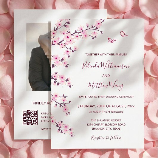 QR-code | Kersenbloesems Roze Witte Trouw Kaart