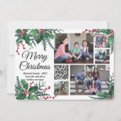 QR Code Kerst Holly Greenery 5 Fotocollage Feestdagenkaart (Voorkant)
