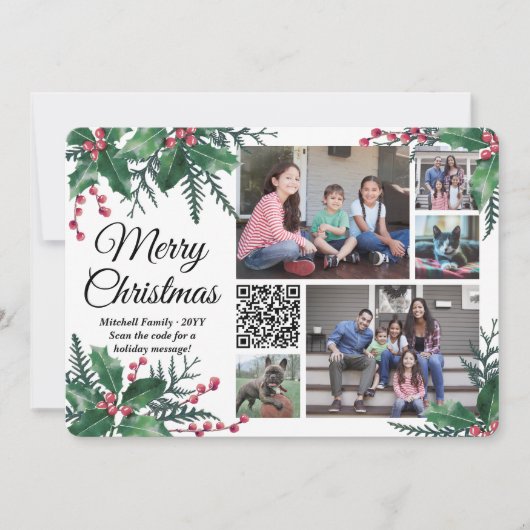 QR Code Kerst Holly Greenery 5 Fotocollage Feestdagenkaart (Voorkant)