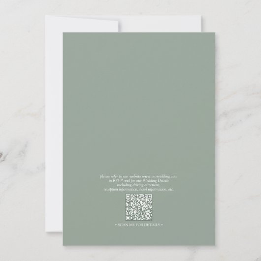 QR Code Klassieke Sage Green Script Monogram Wedde Kaart (Achterkant)