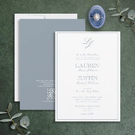 QR Code Klassieke usty Blue Script Monogram Wedden Kaart