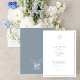 QR Code Klassieke usty Blue Script Monogram Wedden Kaart