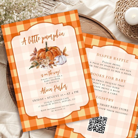 QR-code kleine pompoen oranje gingham baby shower Kaart
