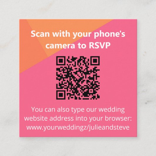 QR Code Kleurblok Oranje Roze bruiloft RSVP Informatiekaartje (Voorkant)