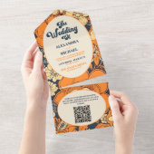 QR Code Kleurrijke Groovy Retro 70s Bloemenbruilof All In One Uitnodiging (Afscheurbaar)