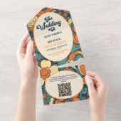 QR Code Kleurrijke Groovy Retro 70s Bloemenbruilof All In One Uitnodiging (Afscheurbaar)