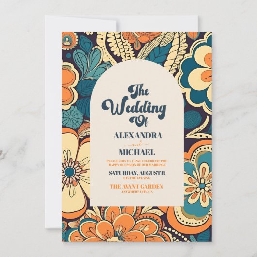 QR Code Kleurrijke Groovy Retro 70s Bloemenbruilof Kaart (Voorkant)