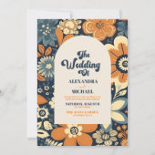 QR Code Kleurrijke Groovy Retro 70s Bloemenbruilof Kaart (Voorkant)