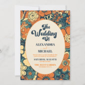 QR Code Kleurrijke Groovy Retro 70s Bloemenbruilof Kaart (Voorkant)