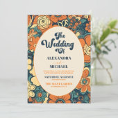 QR Code Kleurrijke Groovy Retro 70s Bloemenbruilof Kaart (Staand voorkant)