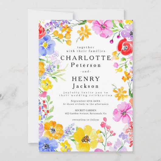 QR Code Kleurrijke Waterverf Bloemen Lente Huwelij Kaart (Voorkant)