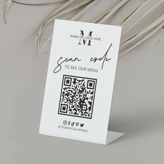 QR Code Koffiewinkel Menu Minimaal Zwart Wit Logo Reclamebord Met Voetstuk