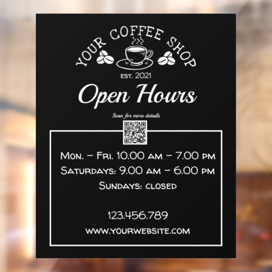 QR-code koffiewinkel, open-uurteken Raamsticker (Vel 2)