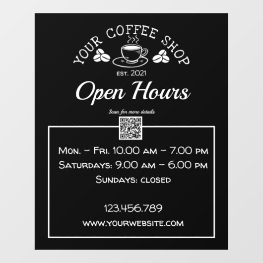 QR-code koffiewinkel, open-uurteken Raamsticker (Vel)