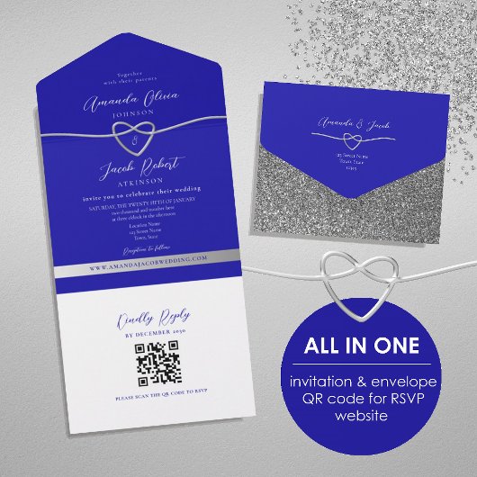 QR Code Koningsblauw Zilveren Glitter Bruiloft All In One Uitnodiging