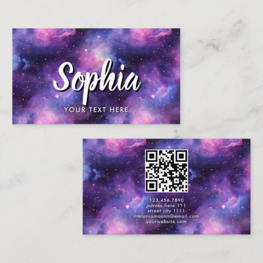 QR-code kosmische sterrenstelsel paarse nevel Visitekaartje (Voorkant / Achterkant)