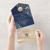 QR Code Landelijk Navy Roze Goud Bruiloft All In One Uitnodiging (Afscheurbaar)
