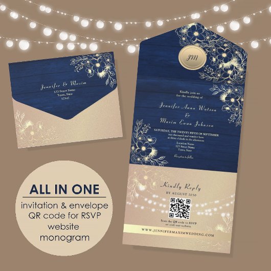 QR Code Landelijk Navy Roze Goud Bruiloft All In One Uitnodiging
