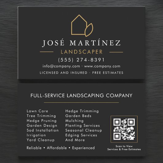 QR Code Landscaper Lawn Service Black & Gold Visitekaartje