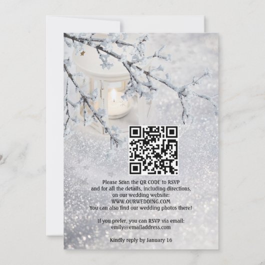 QR Code Lantaarn Sneeuwbruin Alleen winterbruiloft Kaart (Achterkant)