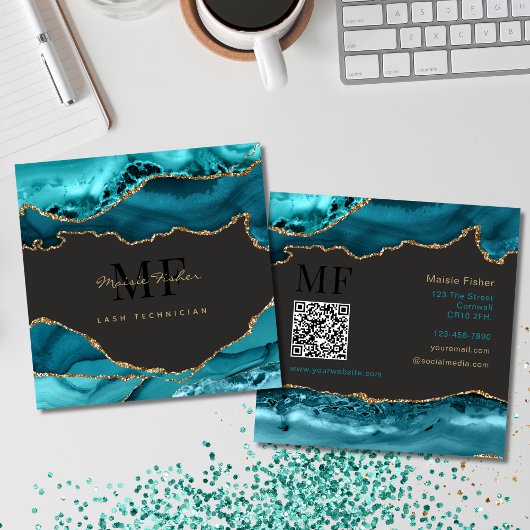 QR Code Lashes Teal Turquoise Gold Agate Monogram Vierkante Visitekaartje