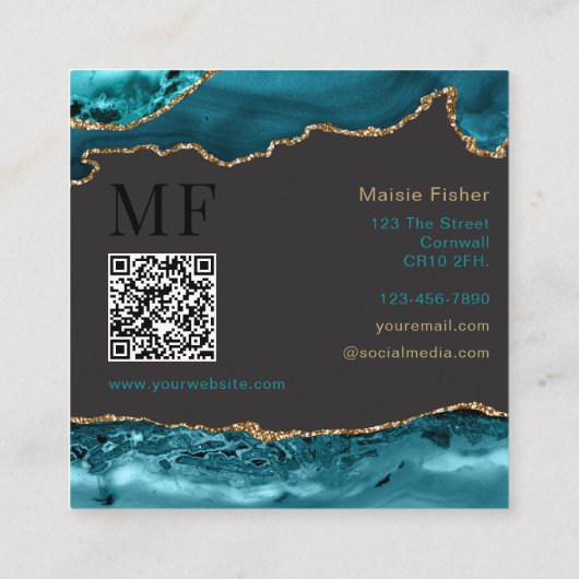 QR Code Lashes Teal Turquoise Gold Agate Monogram Vierkante Visitekaartje (Achterkant)