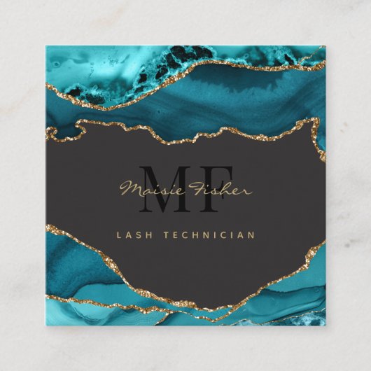 QR Code Lashes Teal Turquoise Gold Agate Monogram Vierkante Visitekaartje (Voorkant)