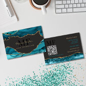 QR Code Lashes Teal Turquoise Gold Agate Monogram Visitekaartje