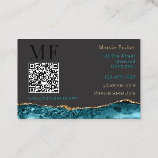 QR Code Lashes Teal Turquoise Gold Agate Monogram Visitekaartje (Achterkant)