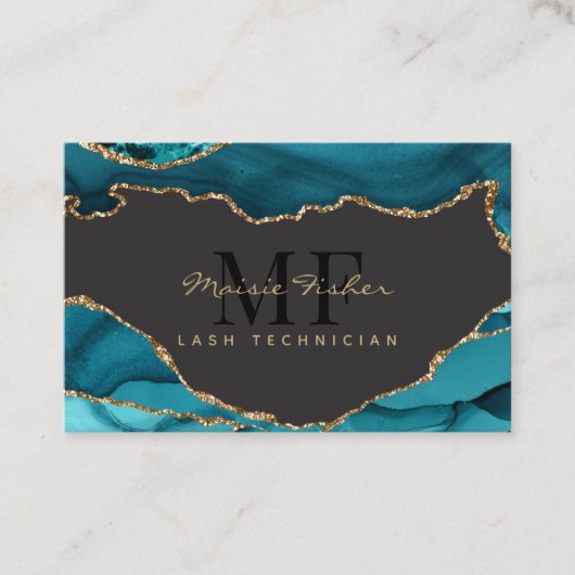 QR Code Lashes Teal Turquoise Gold Agate Monogram Visitekaartje (Voorkant)