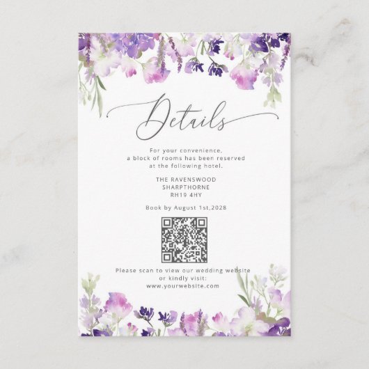 QR code lavendel elegante bruiloft details Informatiekaartje (Voorkant)