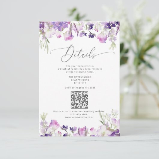 QR code lavendel elegante bruiloft details Informatiekaartje (Staand voorkant)