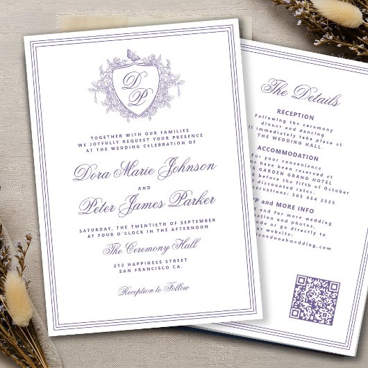 QR-code lavendel kam wedding monogram Kaart