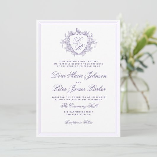 QR-code lavendel kam wedding monogram Kaart (Staand voorkant)